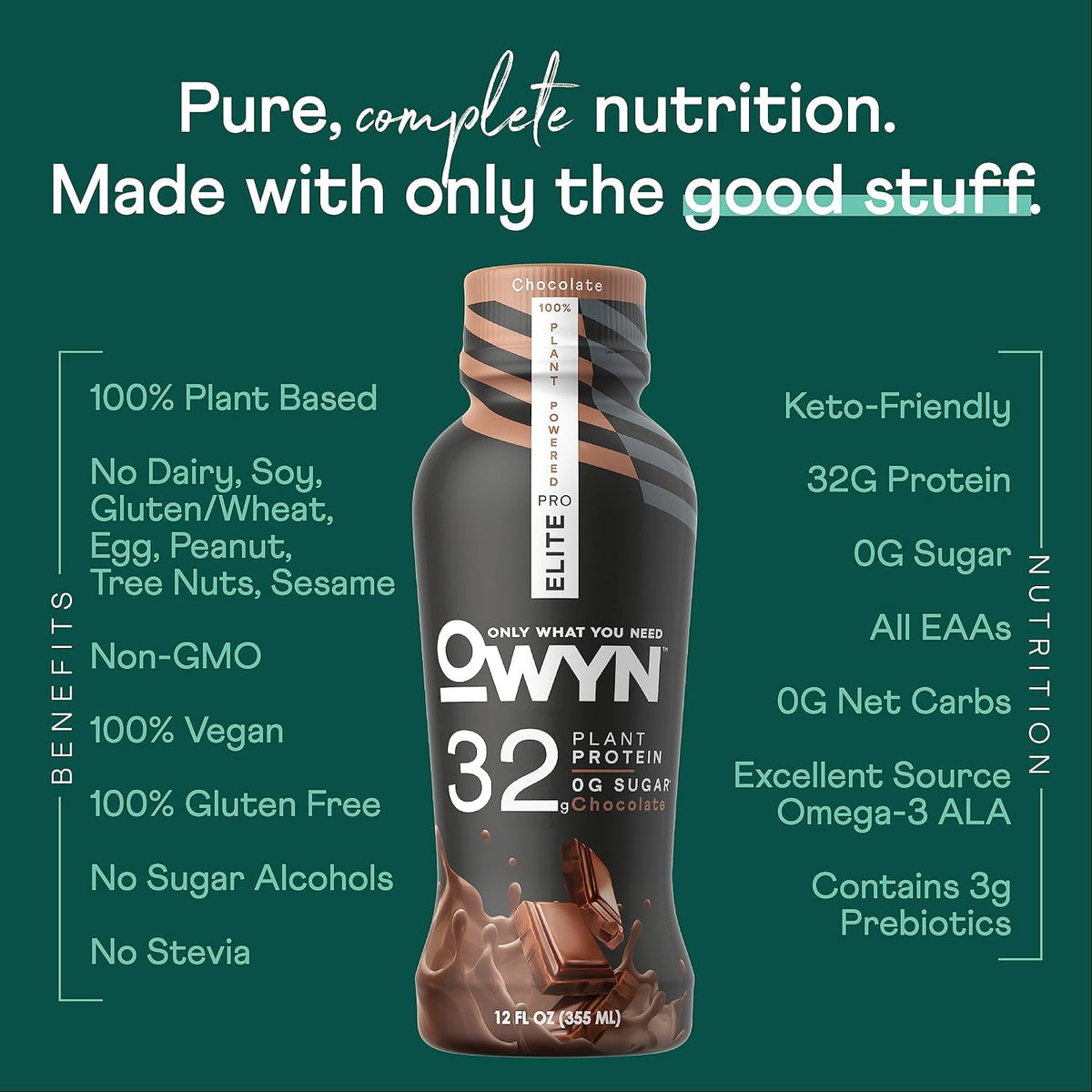 OWYN Only What You Need Pro Elite Vegan High Protein Keto Shake, 32g Protein, 9 Amino Acids, Omega-3, Prebiotics, Workout and Recovery, 0g Net Carbs, Zero Sugar (Chocolate, 12 Fl Oz (Pack of 24)