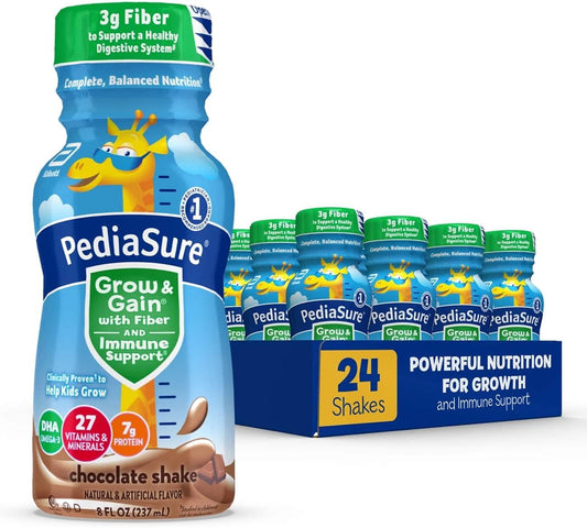 PediaSure Grow & Gain with 3g Fiber for Digestive Health, Provides Immune Support, Kids Protein Shake, 27 Vitamins and Minerals, 7g Protein, DHA Omega-3, Non-GMO, Chocolate, 8 fl Oz, 24 Count