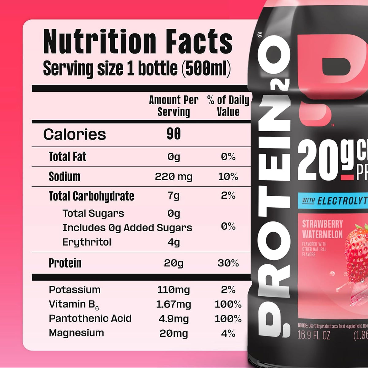 Protein2o Hydration Drink - 2-in-1 Liquid Clear Whey Protein Isolate and Electrolyte Drink - 20g Protein, Vitamins B5, B6 - Post-Workout Recovery - 16.9 Fl Oz - 12 Count Strawberry Watermelon