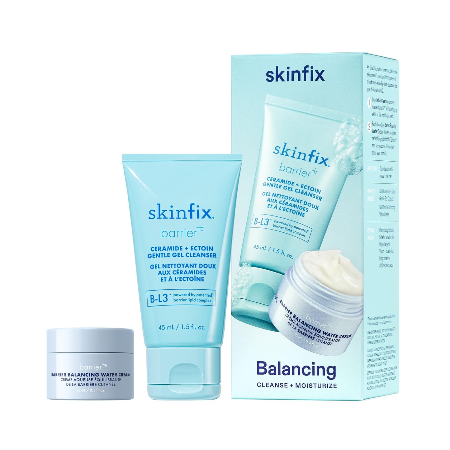 Skinfix Balancing Cleanse + Moisturize Set with Hyaluronic Acid - Includes Mini Ceramide + Ectoin Gentle Gel Cleanser (1.5 fl oz) & Mini Barrier Balancing Water Cream (0.5 fl oz) - Vegan, Cruelty Free