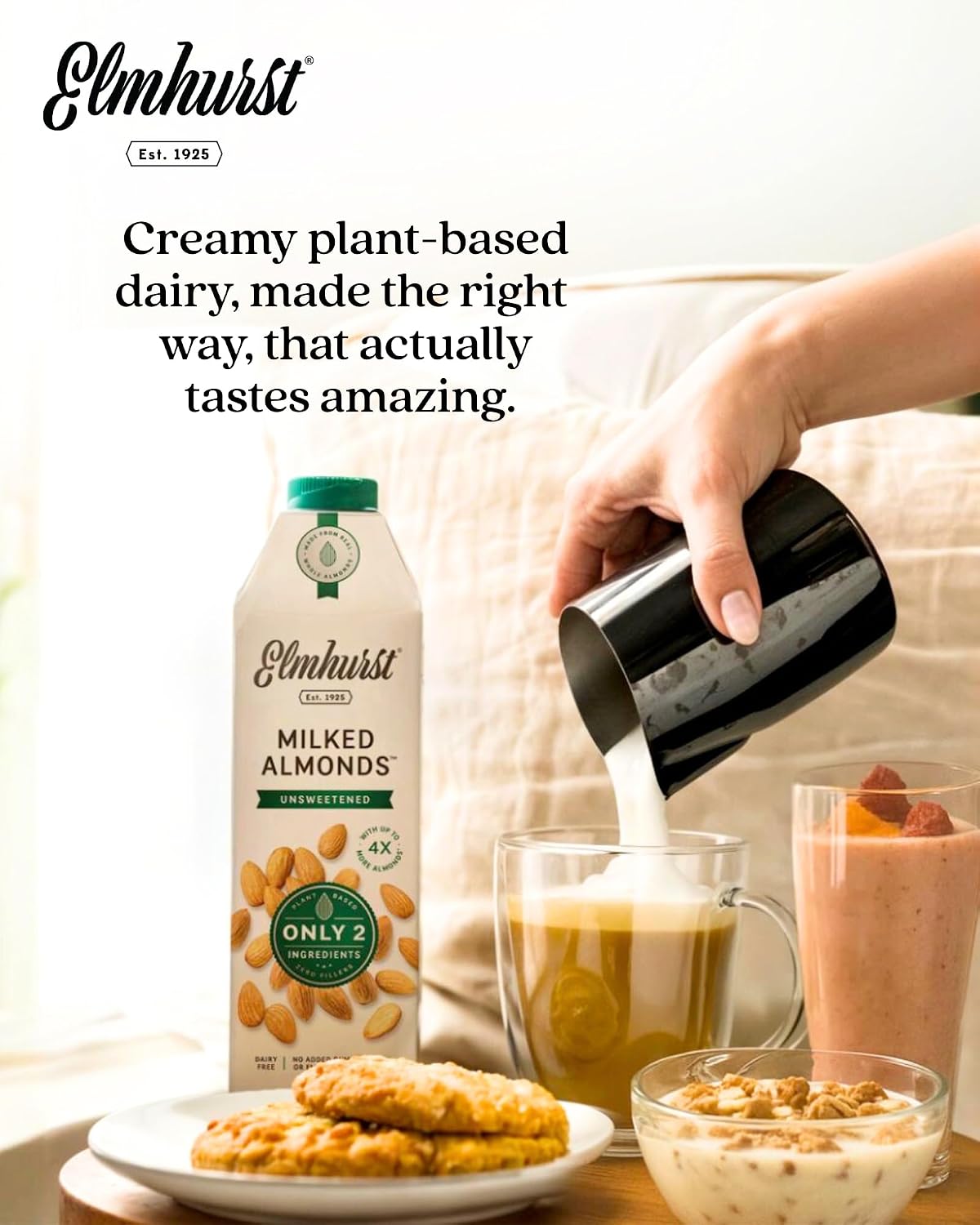 Elmhurst 1925 Unsweetened Almond Milk - 32 Ounce (Pack of 6), Vegan