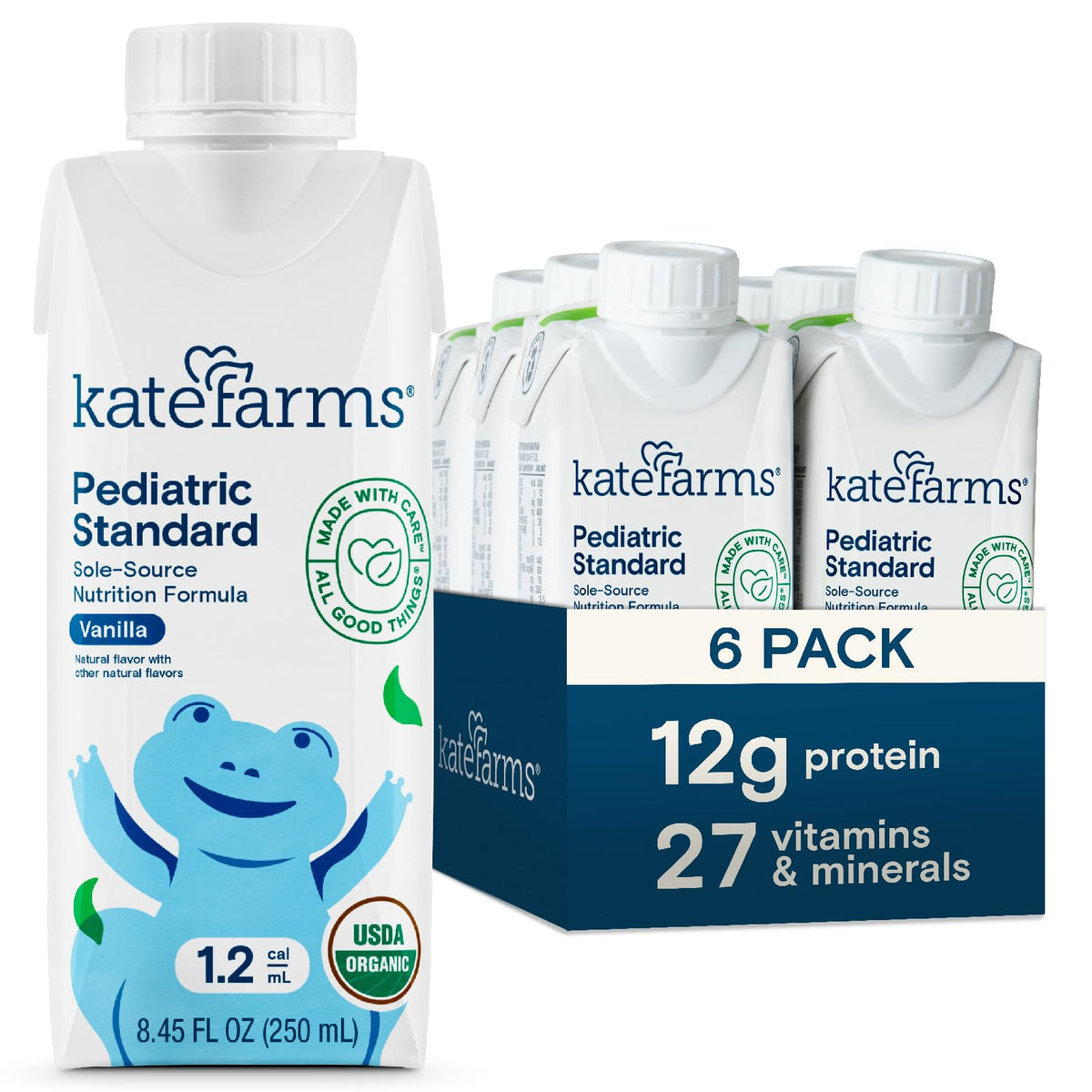 KATE FARMS Organic Plant Based Pediatric 1.2 Sole Source Vanilla Nutrition Shake, 12g of protein, 27 Vitamins and Minerals, Meal Replacement Drink for Kids, Non-GMO, 8.45 Fl oz (Pack of 12)