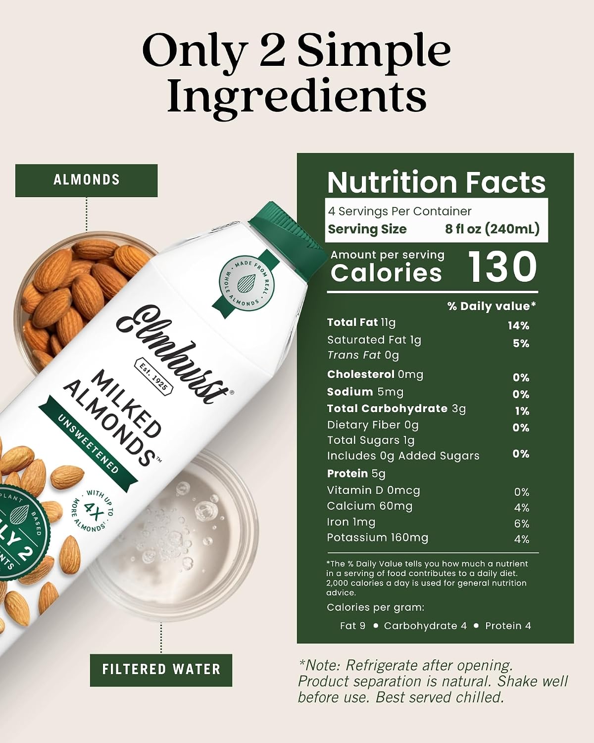 Elmhurst 1925 Unsweetened Almond Milk - 32 Ounce (Pack of 6), Vegan