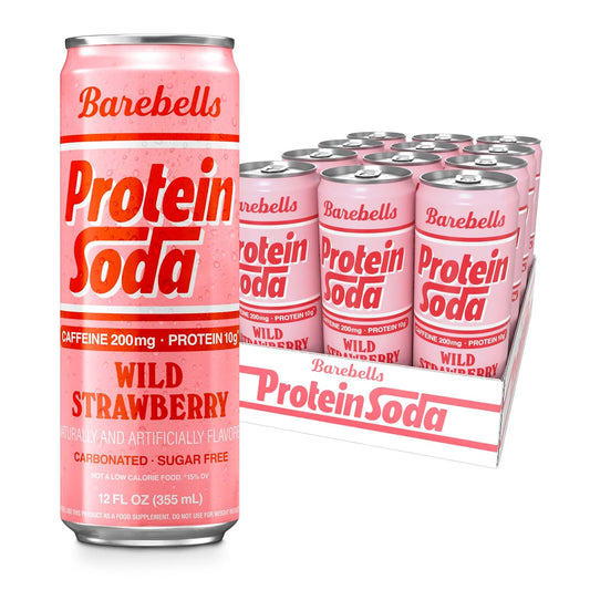 Barebells Protein Soda Wild Strawberry, 10g Protein, 200mg Caffeine, Sugar Free Energy Drink, 12 fl oz (12-pack)