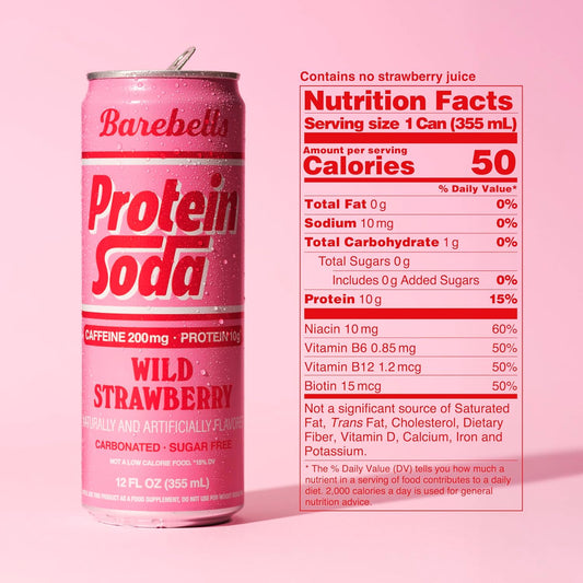 Barebells Protein Soda Wild Strawberry, 10g Protein, 200mg Caffeine, Sugar Free Energy Drink, 12 fl oz (12-pack)