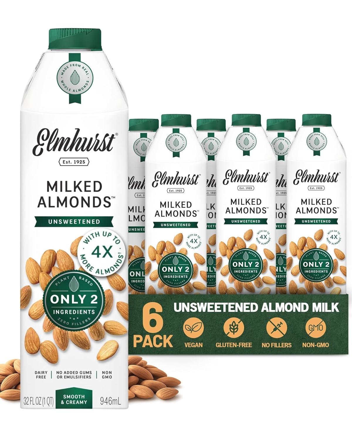 Elmhurst 1925 Unsweetened Almond Milk - 32 Ounce (Pack of 6), Vegan